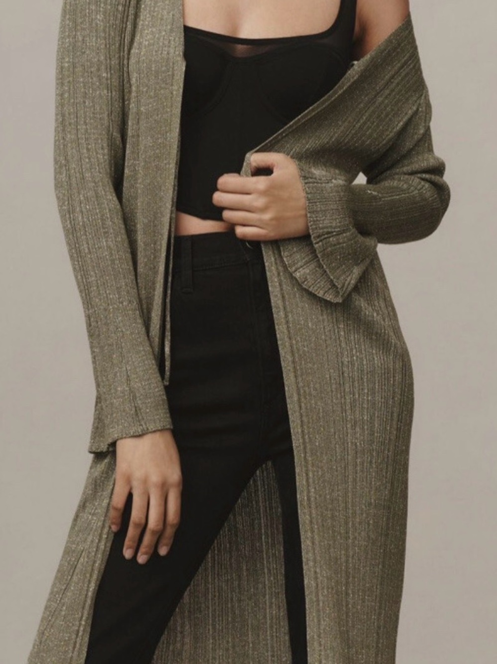 Anthropologie Olive Metallic Ribbed Long Tie-Front Cardigan